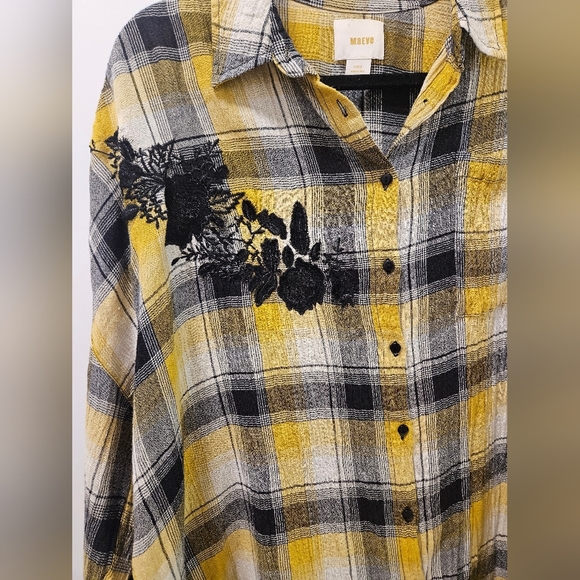 Anthropologie Maeve Embroidered Plaid Buttondown Oversized Tunic Shirt Size XS/S - Picture 6 of 13